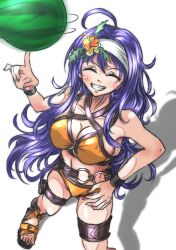 ;) ahoge alternate_costume armpits balancing bare_arms bare_thighs bikini blue_hair breasts cleavage closed_eyes female female_only fire_emblem fire_emblem:_path_of_radiance fire_emblem:_radiant_dawn fire_emblem_heroes flower from_above fruit grin hair_flower headband large_breasts long_hair mia_(fire_emblem) mia_(summer)_(fire_emblem) motion_blur motion_lines nintendo official_alternate_costume orange_bikini orange_swimsuit smile spinning swimsuit thighs very_long_hair violet_migu18 watermelon white_background