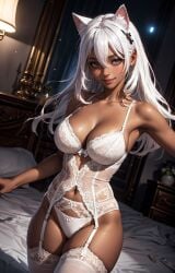 1girls ai_generated bed big_breasts black_female breasts cat_ears catgirl cleavage ebony front_view garter_straps lingerie long_hair looking_at_viewer navel sarella standing white_hair