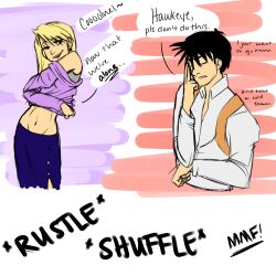 fullmetal_alchemist fullmetal_alchemist_brotherhood riza_hawkeye roy_mustang shirt_lift shirt_up undressing