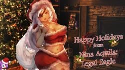 1girls 2020 bbw beeprats breasts chibi christmas christmas_outfit christmas_tree chubby chubby_female cleavage english_text eyepatch fireplace long_hair nina_aquila nina_aquila_legal_eagle red_eyes santa_costume santa_hat tanuki-sama_studios thick_thighs white_hair