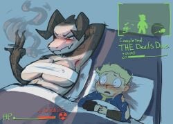 1boy 1girls 2d 2d_(artwork) after_sex anthro bed big_breasts blush blushing cartoony deathclaw fallout female female_deathclaw larger_female male size_difference smaller_male smoking toon toony trashyy vault_boy