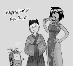 1girls 2boys adventure_time bmo cartoon_network cheongsam cleavage closed_eyes decoration fan fangs finn_the_human fully_clothed hand_on_hip hat lofty_(artist) lunar_new_year marceline open_mouth pose robe short_hair signature smiling text thick_ass thighs vampire warner_brothers year_of_the_dragon