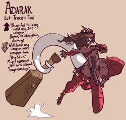 2024 adarak_(redx331) anthro big_bulge big_penis brown_body brown_hair bulge clothing club_(weapon) covered_eyes directional_arrow dragon english_text gameplay_mechanics genitals gynomorph hair hair_over_eyes horn huge_bulge huge_cock hyper hyper_bulge hyper_genitalia hyper_penis intersex jinti_(artist) melee_weapon mythological_creature mythological_scalie mythology nails penis scalie sharp_nails sharp_teeth simple_background solo tail teeth text thong topwear torn_clothing underwear weapon