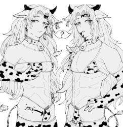 2boys bikini brother_and_brother brothers collar confused cow_bikini cow_ears cow_print crossdressing demon_slayer eyepatch_bikini kimetsu_no_yaiba long_hair long_hair_male male male_only michikatsu_tsugikuni monochrome staring yoriichi_tsugikuni