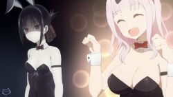 2girls bare_arms bare_chest bare_shoulders bare_skin big_breasts black_armband black_background black_bow black_bunny_ears black_bunnygirl_costume black_bunnysuit black_hair black_hair_female blush blush_lines bowtie bowtie_collar breast_envy breasts bunny_ears bunny_girl bunnysuit cleavage collar collarbone dot_nose empty_eyes female female_focus female_only fingers fujiwara_chika hair_ribbon hairbow high_resolution highres kaguya-sama_wa_kokurasetai_~tensai-tachi_no_renai_zunousen~ keihh light-skinned_female light_skin long_hair medium_breasts multiple_girls open_mouth petite petite_body petite_breasts petite_female petite_girl pink_hair pink_hair_female red_bowtie red_eyes red_eyes_female red_ribbon ribbon shinomiya_kaguya shoulders sideboob sidelocks simple_background slender_body slender_waist slim_girl slim_waist small_breasts smile smiling standing student teenager thin_waist upper_body white_collar white_wrist_cuffs wrist_cuffs