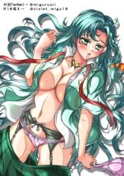 1girls alternate_costume aqua_hair ass_visible_through_thighs bare_midriff bare_thighs blue_hair bra braid breasts chloe_(fire_emblem) clothes_removed earrings female female_only fire_emblem fire_emblem_engage garter_belt green_eyes holding holding_bra large_breasts looking_at_viewer midriff nintendo no_bra open_clothes open_mouth open_shirt panties pink_bra pink_panties shirt sideboob skirt solo thighs underwear undressing very_long_hair violet_migu18 white_background