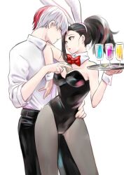 1boy boku_no_hero_academia bunny_girl bunnysuit drinks female hand_on_hip momo_yaoyorozu money_between_breasts my_hero_academia playboy_bunny ponytail shouto_todoroki