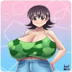 1girls azraelwebster azumanga_daiou big_breasts blue_background breasts clothed female female_focus female_only pink_background solo solo_female solo_focus tomo_takino white_background