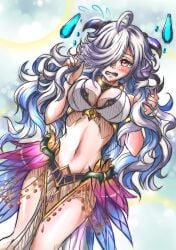 1girls ahoge alternate_costume bare_midriff bikini blue_hair blush breasts cleavage collar colored_inner_hair cosplay crying crying_with_eyes_open eitr_(fire_emblem) embarrassed female female_only fire_emblem fire_emblem_heroes freyja_(fire_emblem)_(cosplay) grey_hair hair_over_one_eye hornso large_breasts long_hair looking_at_viewer midriff multicolored_hair nervous nintendo open_mouth pelvic_curtain red_eyes see-through solo swimsuit very_long_hair violet_migu18 white_bikini white_swimsuit