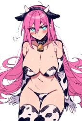 1girls ai_generated aubrey_(omori) blue_eyes blush breasts cow_ears cow_horns cow_print cowbell female large_breasts looking_at_viewer midriff novel_ai omori pasties pink_hair scowl sitting solo solo_female thighhighs trickydurianai