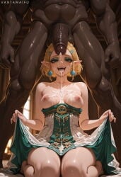1boy 1girl abs after_ejaculation after_fellatio ai_generated artist_name bangs bare_shoulders black_skin blonde_hair blush braid breasts breasts_apart breasts_out clothed_female_nude_male clothes_lift clothes_pull clothing crown_braid cum cum_in_mouth cum_on_body cum_on_breasts cum_on_tongue cumdrip dark-skinned_male dark_penis dark_skin dress dress_lift dress_pull earrings erection eyeshadow facial feet female flaccid green_eyes gumroad_username hair_ornament hairclip hetero huge_penis indoors interracial jewelry kneeling large_breasts large_penis lifted_by_self looking_at_viewer makeup male male_pubic_hair medium_breasts muscular muscular_male nipples nude open_mouth patreon_username penis pointy_ears princess_zelda pubic_hair semen semen_on_body short_hair sitting skirt_hold smile solo_focus strapless strapless_dress testicles the_legend_of_zelda the_legend_of_zelda:_breath_of_the_wild the_legend_of_zelda:_tears_of_the_kingdom thighs tongue tongue_out topless vantawaifu veins veiny_penis very_dark_skin wariza white_dress zelda_(breath_of_the_wild)