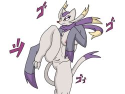 anthro breasts canid canine digital_media_(artwork) enderbendr fan_character female fighting_pose fur generation_5_pokemon genitals mammal mienshao nintendo nipples nude onomatopoeia pokemon pokemon_(species) pose pussy simple_background solo sound_effects standing tail text