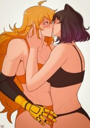 black_hair blake_belladonna blonde_hair canon_couple gold_eyes lavender_eyes lesbian rwby yang_xiao_long yellow_nicky_(artist)