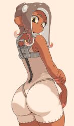 1girls agent_8_(side_order) agent_8_(splatoon) ass bodysuit brown_hair brown_skin bubble_butt dark-skinned_female dark_skin female large_ass looking_at_viewer nintendo octoling octoling_girl simple_background small_breasts splatoon splatoon_(series) splatoon_3 splatoon_3:_side_order tentacle_hair thick_thighs yuta_agc