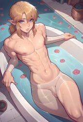 1boy ai_generated bathing bedroom_eyes cerberuspup77926 cute_male femboy feminine_male fuck_me_eyes link looking_at_viewer male male_only naked seductive seductive_look solo taking_a_bath the_legend_of_zelda