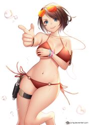1girls adult arm_on_breasts arm_under_breasts bare_arms bare_chest bare_legs bare_midriff bare_shoulders bare_skin bare_thighs barefoot belly belly_button bikini blue_eyes_female breasts brown_hair brown_hair_female cleavage clothing collarbone covering_breasts dot_nose earphones feet female female_focus female_only fingernails fingers firearm full_body groin gun hand_on_breast handgun high_resolution highres hourglass_figure human jurrig legs legwear light-skinned_female light_skin lips looking_at_viewer medium_breasts naked naked_female navel nude nude_female original original_character pale_skin pointing pointing_at_viewer red_bikini red_bikini_bottom red_bikini_top red_swimsuit red_swimwear revolver short_hair shoulders simple_background slender_body slender_waist slim_girl slim_waist smile smiling smiling_at_viewer solo standing string_bikini sunglasses sunglasses_on_forehead sunglasses_on_head swimsuit swimwear thick_thighs thigh_band thighband thighs thin_waist underboob water water_drop water_drop_breasts water_droplets water_drops weapon wet white_background wide_hips wide_smile