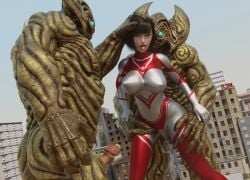 1girls 2boys 3d alien alien_girl alien_humanoid breasts building building_destruction building_sex city female female_penetrated heroine human losing losing_fight rape tight_clothing ultraman_(franchise) ultrawoman ultrawoman_katia