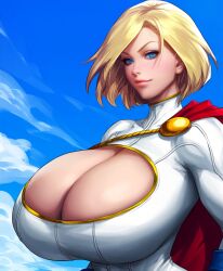 1girls ai_generated blonde_hair breast_focus breasts_bigger_than_head cattlec cleavage cleavage_cutout dc dc_comics gigantic_breasts huge_breasts kara_zor-l karen_starr power_girl sky solo