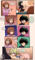 1boy 2girls almost_caught caught_cheating cheating comic cuckquean dialogue english_text fellatio female green_hair izuku_midoriya male male/female my_hero_academia netorare ochako_uraraka reverse_netorare semidraws speech_bubble straight tooru_hagakure tooru_hagakure_(invisible) tooru_hagakure_(visible)