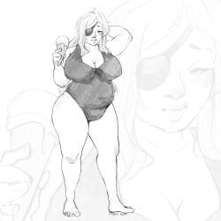 2023 artist_signature ass bbw blush breasts chubby chubby_female cleavage dated eyepatch ice_cream illy_beanart large_breasts long_hair nina_aquila nina_aquila_legal_eagle one-piece_swimsuit sketch stomach summer swimsuit tanuki-sama_studios thick_thighs thighs