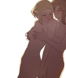 1boy 1girls blonde_hair blue_eyes breast_grab breasts double_breast_grab female grabbing green_eyes groping handjob highres link male male_and_female_focus mutual_masturbation naked nude pointy_ears pomelomelon princess_zelda short_hair straight tears_of_the_kingdom the_legend_of_zelda wholesome zelda_(tears_of_the_kingdom)