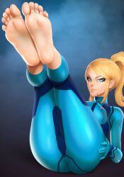 1girls bare_soles barefoot blonde_female blonde_hair blonde_hair_female blue_eyes boobs breasts clothed feet female female_only foot_fetish foot_focus leggings legs_together looking_at_viewer metroid ponytail puffypinkpaws samus_aran soles solo_female suit toes zero_suit_samus