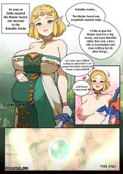 areolae artist_name big_breasts blonde_hair bokoblin braid breasts comic comic_page english_text everyday2 french_braid gigantic_breasts green_eyes hylian interspecies_pregnancy light-skinned_female light_skin monster netorare nintendo nipples pointy_ears pregnant pregnant_belly pregnant_female princess_zelda short_hair speech_bubble tears_of_the_kingdom text the_legend_of_zelda virginity_loss willing_sex_slave zelda_(tears_of_the_kingdom)