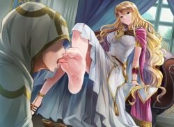 1boy 1girls akuru_(akr369akr) barefoot blonde_hair blue_eyes breasts cape commission dress expressionless feet female femdom fire_emblem fire_emblem:_the_binding_blade fire_emblem_heroes foot_fetish foot_focus foot_lick foot_worship green_eyes hetero indoors kiran_(fire_emblem) kiran_(fire_emblem)_(male) kiran_(male)_(fire_emblem) large_breasts licking licking_foot long_dress long_hair malesub medium_breasts nintendo purple_cape saint_elimine_(fire_emblem) saliva saliva_on_foot skeb_commission soles toes tongue tongue_out very_long_hair worship