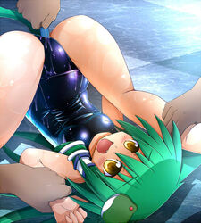 anal anal_insertion honehone hose_inflation inflation sanae_kochiya school_swimsuit schoolgirl spread_legs swimsuit touhou water_inflation