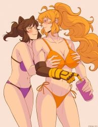 black_hair blake_belladonna blonde_hair canon_couple gold_eyes lavender_eyes lesbian rwby yang_xiao_long yellow_nicky_(artist)