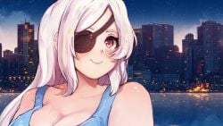 2022 bbw breasts building chubby chubby_female city cleavage cloud clouds eyepatch koahri large_breasts long_hair night night_sky nina_aquila nina_aquila_legal_eagle official_art red_eyes stars swimsuit tanuki-sama_studios white_hair