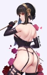 1girls adult arm_gloves ass ass_cleavage back bare_ass bare_back bare_shoulders bare_skin bare_thighs black_arm_gloves black_gloves black_hair black_hair_female black_panties black_thighhighs breasts breasts butt_crack collar elbows female female_focus female_only fingers gloves high_resolution highres holding_weapon hourglass_figure jurrig large_breasts leather_clothing leather_gloves leather_straps light-skinned_female light_skin lips long_hair looking_at_viewer looking_back nape neck neutral_expression panties red_eyes red_eyes_female red_rose roses shoulders sideboob simple_background slender_body slender_waist slim_girl slim_waist solo spy_x_family standing straps thick_ass thick_thighs thighhighs thighs thin_waist upper_body weapon white_background yor_briar yor_forger