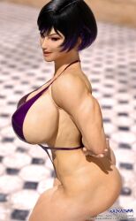 1girls 3d 3d_(artwork) asian_female ass athletic_female bandai_namco big_ass big_breasts black_and_purple_hair breasts copyright copyright_name detailed_background female female_focus female_only hands_behind_back kazkazuma namco purple_eyes purple_swimsuit reina_mishima short_hair swimsuit tekken tekken_8