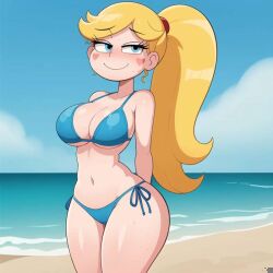 1girls ai_generated beach bikini blonde_hair blue_bikini blue_eyes breasts cats62 cleavage disney female female_only heart long_hair navel outside ponytail smile solo star_butterfly star_vs_the_forces_of_evil swimsuit thighs