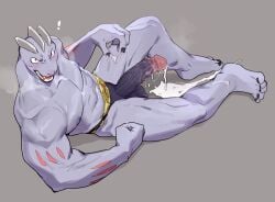 ! bebebebebe big_penis blush cum cum_drip cum_on_floor cum_on_hand generation_1_pokemon grey_background hi_res looking_at_viewer lying lying_on_ground machoke male_only monster muscular nintendo penis pokémon_(species) pokemon pokemon_(species) red_eyes steamy_breath