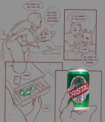 2024 anthro ass balls bed beverage_can biped boxer_briefs can cerveza_cristal clothing comic container cristal_(cuban_beer) dialogue drawer duo english_text erection felid frussy furniture genitals half-closed_eyes hitachi_magic_wand holding_can holding_container holding_object inside ittybittykittytittys male male/male mammal meme narrowed_eyes nude penis sex_toy speech_bubble spot_color text underwear undressing_partner vibrator wand_vibrator