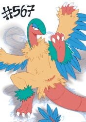 2022 ambiguous_gender animal_genitalia ankle_tuft archeops bedroom_eyes blue_body blue_feathers bodily_fluids cheesoart claws cloaca cloaca_juice curling_toes dinosaur feathered_dinosaur feathers feet feral fossil_pokémon fossil_pokemon front_view generation_5_pokemon genital_fluids genitals hi_res horizontal_cloaca leg_tuft long_neck looking_at_viewer looking_up lying narrowed_eyes neck_tuft nintendo on_back pokemon pokemon_(species) presenting presenting_cloaca raised_leg reptile scalie seductive simple_background smile snaggle_tooth soles solo spread_legs spreading sweat tail tail_feathers tuft white_background white_claws