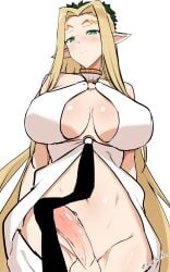 1futa blonde_hair breasts celestine_lucross clothed clothing elf erection futa_only futanari humanoid humanoid_penis kuroinu_~kedakaki_seijo_wa_hakudaku_ni_somaru~ light-skinned_futanari light_skin long_hair nebaneba partially_clothed penis solo standing