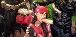 1girls 3boys batman blowjob clothed clothed_female clothed_male clothing dc dc_comics eclair_stones fortnite fully_clothed fully_clothed_female fully_clothed_male handjob handjob_while_sucking hat looking_up looking_up_at_partner monster_energy monster_energy_drink ruby_(fortnite) tagme threesome