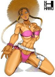 1girls artist_logo blonde_hair blue_eyes busty cammy_white capcom face_scar kinohmaro kneeling light-skinned_female light_skin muscular muscular_female pink_bikini pink_lipstick sandals street_fighter tan_lines twintails