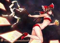 1girls ass bra brown_hair gohei hair_ribbon hair_tubes high_heels kaorihero navel ofuda panties red_footwear reimu_hakurei solo stockings touhou white_stockings