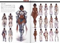 abs ai_generated alternate_costume armor artbook bikini black_tank bob_cut bomber_jacket character_design character_sheet corset dark_elf dark_elf_female dark_hair dark_skin dark_skinned_female description dress elf_ears female fishnet_clothing full_body hand_on_hip heel_boots jacket latex_suit navel practically_nude school_uniform shoulder_pads skimpy_outfit stable_diffusion tagme text thighs