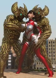 1girls 2boys 3d alien alien_girl alien_humanoid breasts building building_destruction building_sex city female female_penetrated heroine human losing losing_fight rape tight_clothing ultraman_(franchise) ultrawoman ultrawoman_katia