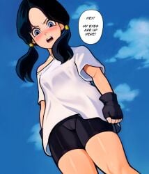 bike_shorts black_hair blue_eyes blush cameltoe cute dragon_ball dragon_ball_z embarrassed female female_focus female_only light-skinned_female loodncrood looking_at_viewer low-angle_view pervert pov pussy short_hair shorts solo solo_female solo_focus standing text twintails videl