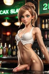 1futa ai_generated bartender dickgirl fit_futanari futanari green_eyes hair_bun narrow_hips original original_character penis penis_exposed perfect_cock self-upload self_upload sharp_focus skinny slender slender_thighs slim small_breasts testicles ttb2112