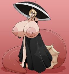 black_dress blonde_hair braids breasts_bigger_than_head breasts_out_of_clothes character_request dress exposed_breasts expressionless gigantic_breasts heels holding_object holding_umbrella hyper_breasts long_legs looking_to_the_side snake_tail takano_(artist) umbrella