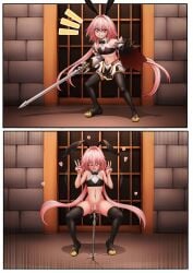 1boy 2koma action_lines action_pose ahe_gao anal_insertion anal_object_insertion astolfo_(fate) astolfo_(saber)_(fate) balls ballsack belly_button black_socks blush blushing bowtie bunny_ears clothed_male comic commission commission_art commissioner_upload confident cracked_ground cuuki0 defeated defeated_male double_peace_sign fate/grand_order fate_(series) femboy fighting_pose flaccid flaccid_penis gate gloves heart humiliated humiliation instant_loss_2koma long_hair navel panties_removed peace_sign penis pink_eyes pink_hair playboy_bunny_costume pose shoes skirt skirt_removed small_penis smile socks socks_and_shoes squatting sword sword_in_ass sword_in_ground thigh_socks thighhighs