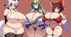 3girls alternate_body_type animated bikini blush bouncing_breasts cameltoe chubby embarrassed fat female female_only gif gigantic_breasts happy hyper_breasts inubashiri_momiji kyosuke_fujiwara looking_away momiji_inubashiri plump reimu_hakurei sanae_kochiya smile touhou unamused