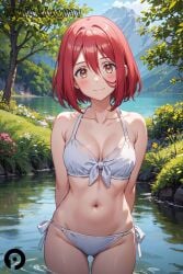 ai_generated arms_behind_back ass_visible_through_thighs bangs bare_shoulders bikini blush breasts cleavage closed_mouth collarbone cowboy_shot day female flower front-tie_bikini_top front-tie_top grete_(spy_kyoushitsu) hair_between_eyes lake looking_at_viewer medium_breasts navel outdoors pikkiwynn red_hair sfw short_hair side-tie_bikini_bottom smile solo spy_classroom spy_kyoushitsu stomach swimsuit tree wading water white_bikini