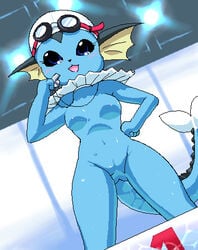 anthro blue_skin blush breasts color eeveelution eyewear female female_only front_view g-sun goggles indoors nintendo nipples nude pokémon_(species) pokemon pokemon_(species) pokemon_rgby pussy solo tagme vaporeon vulva